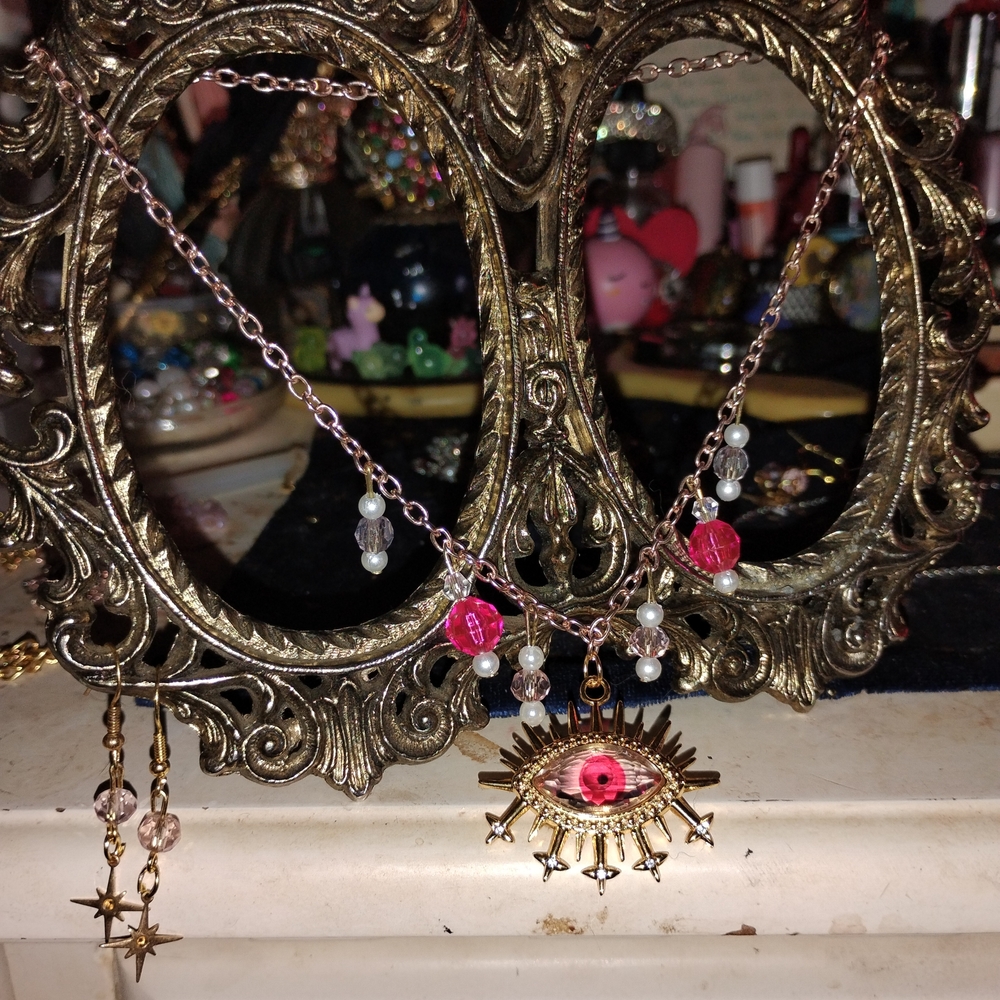 Vibrant Celestial Pink Eye Pendant Necklace And Earrings
